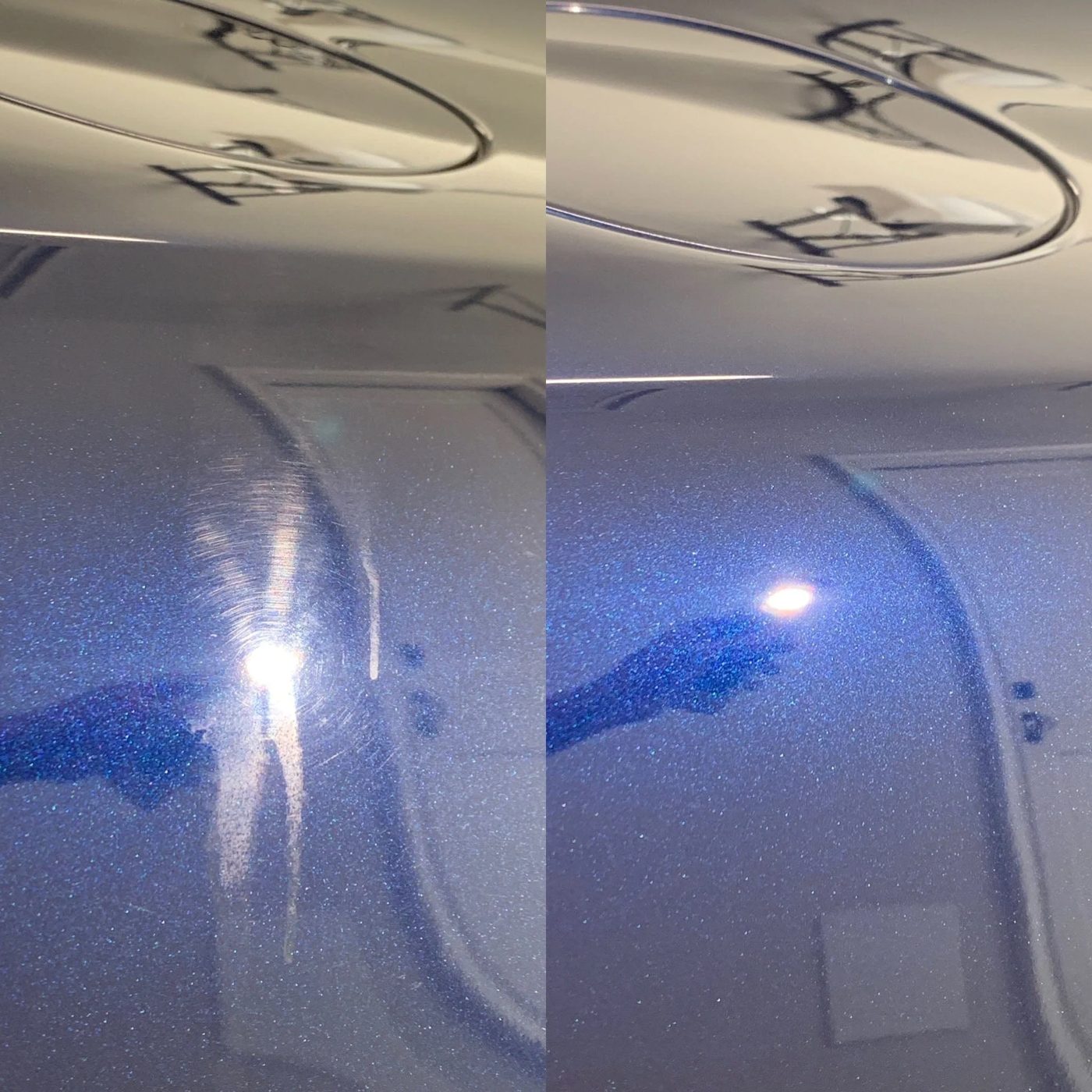 Paint correction before and after — swirls and scratches removed
